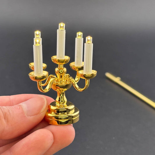 Miniature Touchless operation with Wand  1:12 table lamp LED for Dollhouse No-touch No-Switch Brass candelabra with five candles candlestick