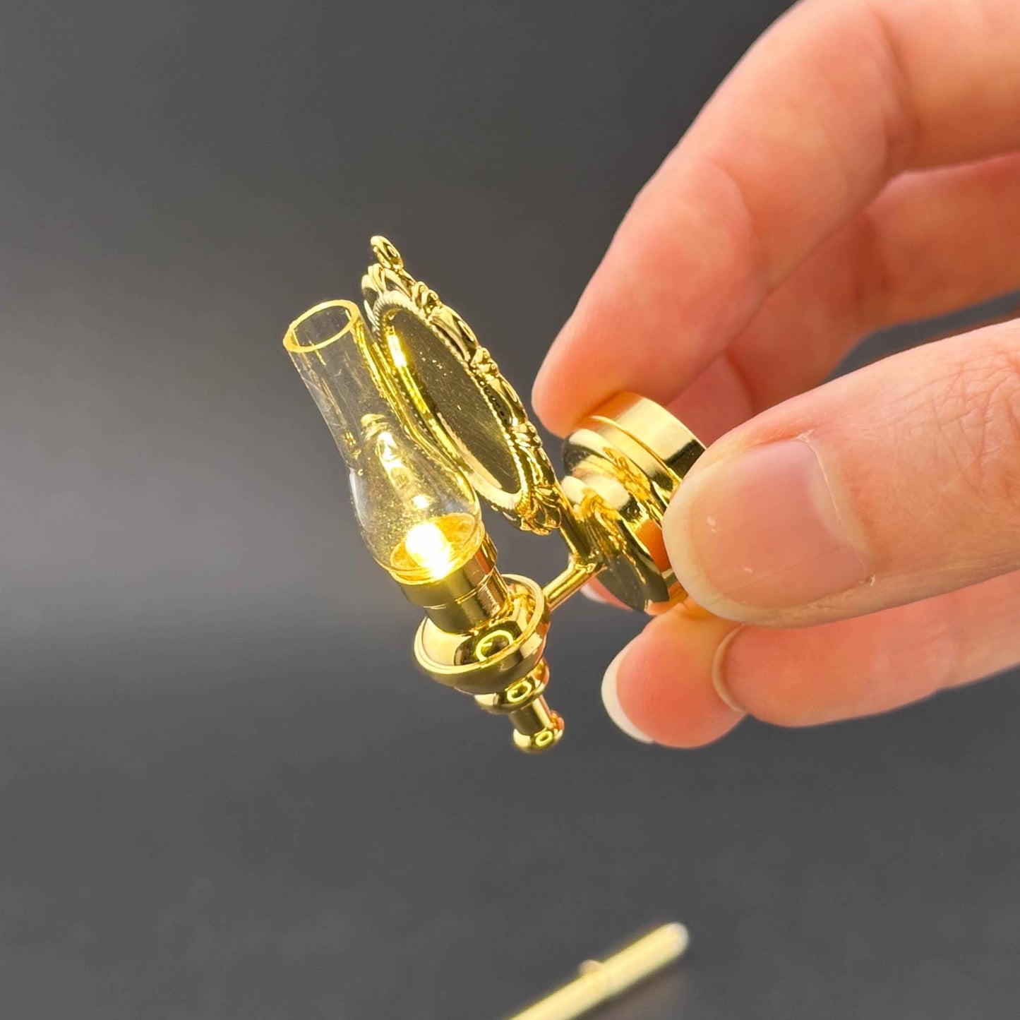 Miniature Touchless operation with Wand 1:12 Fancy Victorian wall sconce oil lamp LED light Dollhouse No-touch No-Switch Brass