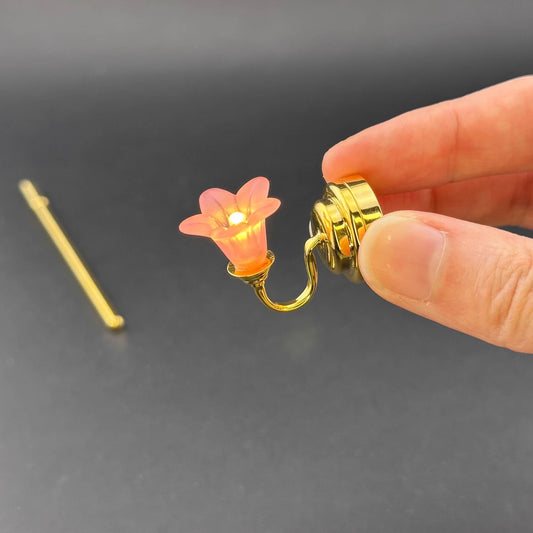Miniature Touchless operation with Wand 1:12 brass Wall sconce pink tulip lamp LED light Dollhouse No-touch No-Switch Stick Fairy Magic