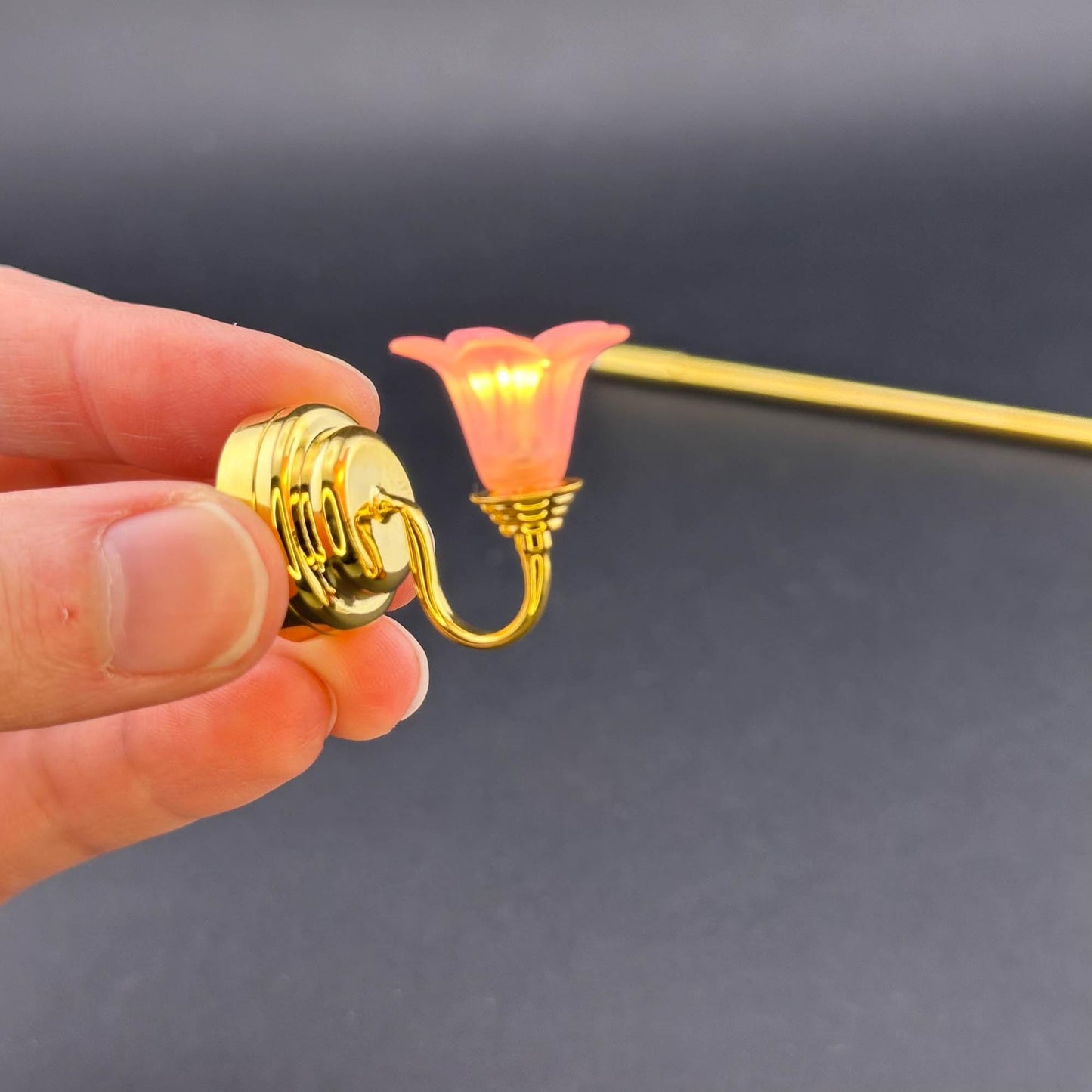 Miniature Touchless operation with Wand 1:12 brass Wall sconce pink tulip lamp LED light Dollhouse No-touch No-Switch Stick Fairy Magic