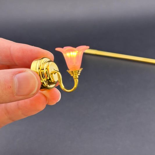 Miniature Touchless operation with Wand 1:12 brass Wall sconce pink tulip lamp LED light Dollhouse No-touch No-Switch Stick Fairy Magic