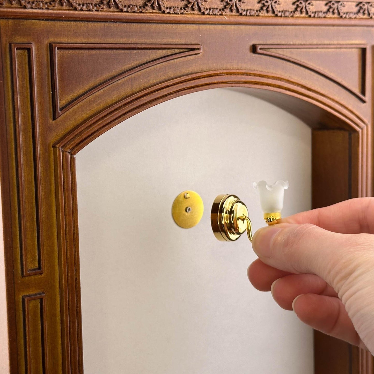 Miniature Touchless operation with Wand 1:12 brass Wall sconce frosted tulip lamp LED light Dollhouse No-touch No-Switch Stick Fairy Magic