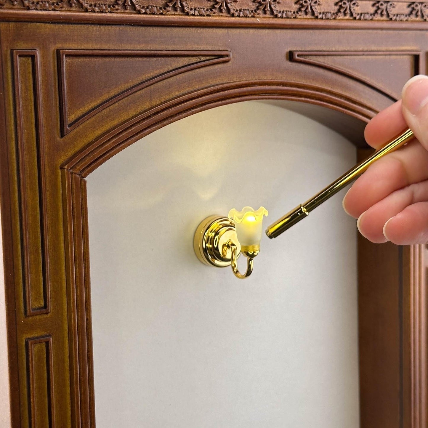Miniature Touchless operation with Wand 1:12 brass Wall sconce frosted tulip lamp LED light Dollhouse No-touch No-Switch Stick Fairy Magic