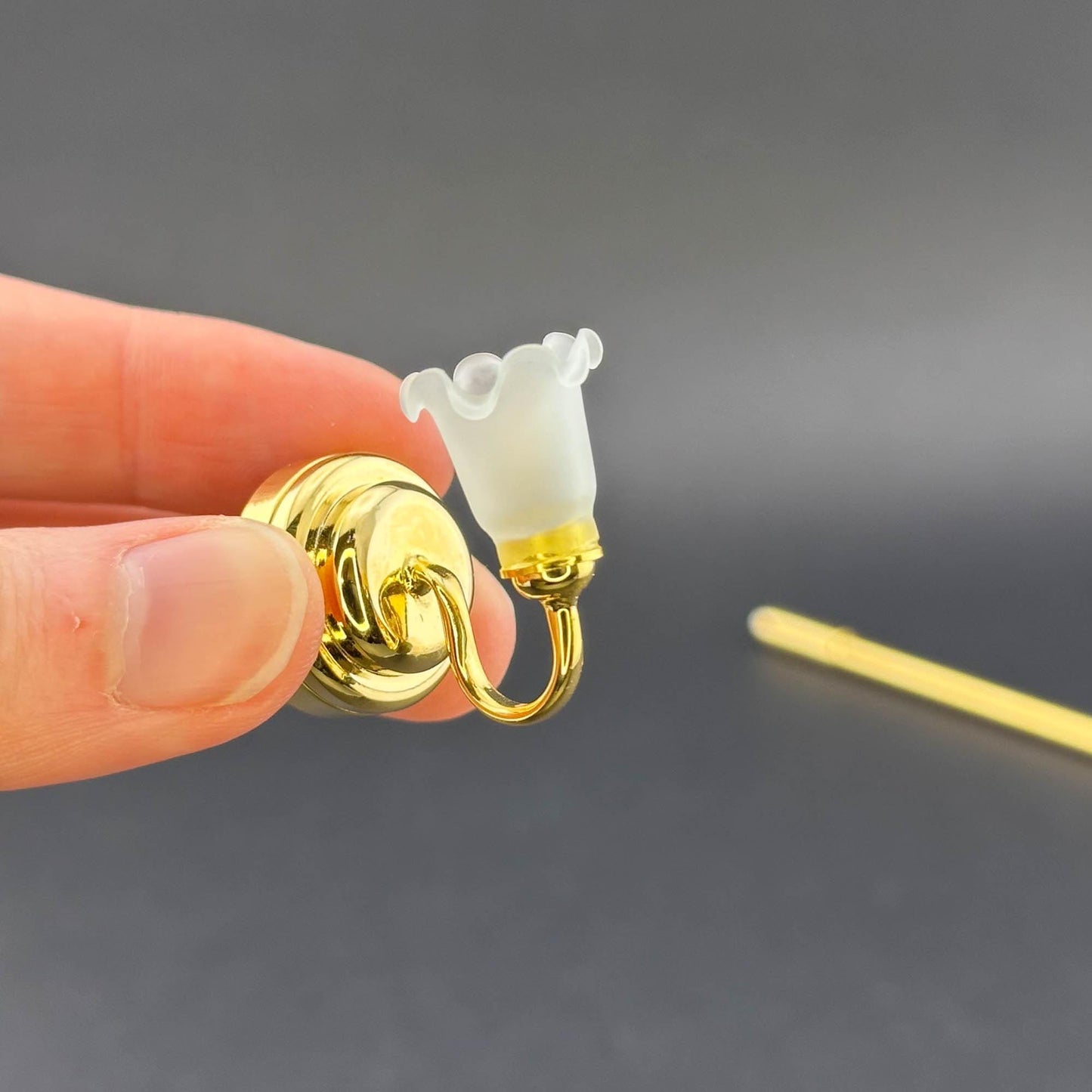 Miniature Touchless operation with Wand 1:12 brass Wall sconce frosted tulip lamp LED light Dollhouse No-touch No-Switch Stick Fairy Magic