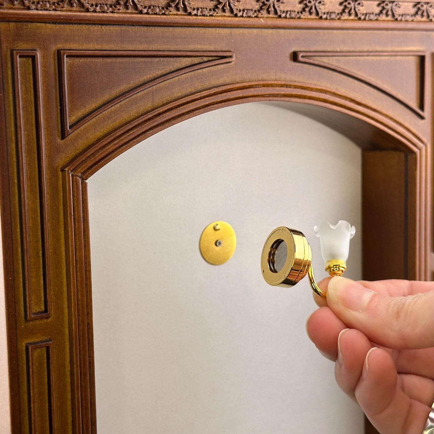 Miniature Touchless operation with Wand 1:12 brass Wall sconce frosted tulip lamp LED light Dollhouse No-touch No-Switch Stick Fairy Magic