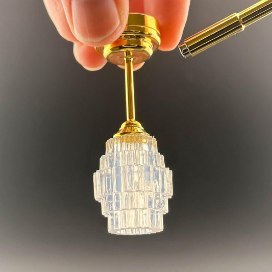 Miniature brass ceiling lamp Touchless operation with Wand clear long shade LED  light 1:12 scale for dollhouse No-touch No-Switch tiered