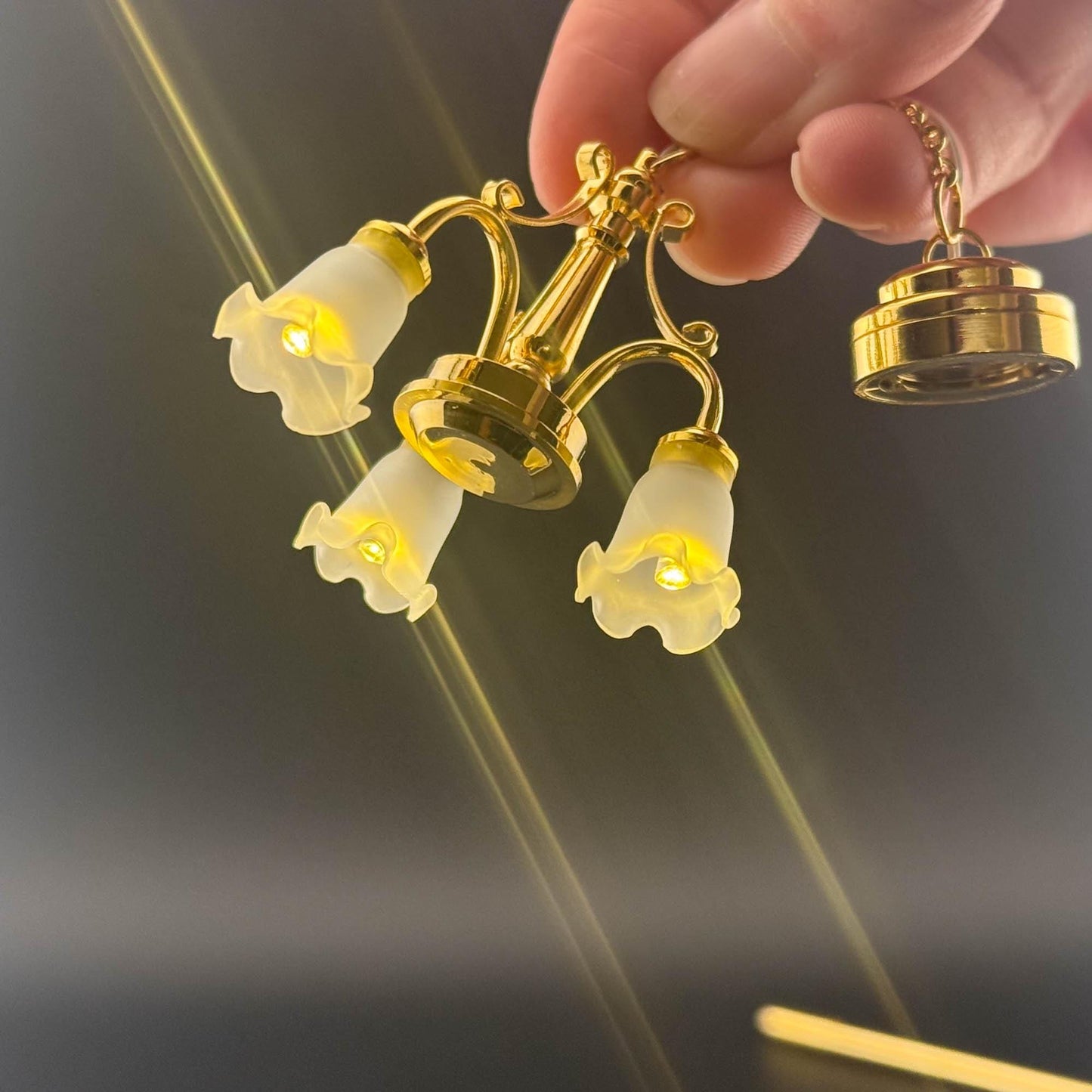 Miniature brass lamp Touchless operation with wand Frosted tulips 3-arms chandelier LED  light 1:12 scale for dollhouse No-touch No-Switch