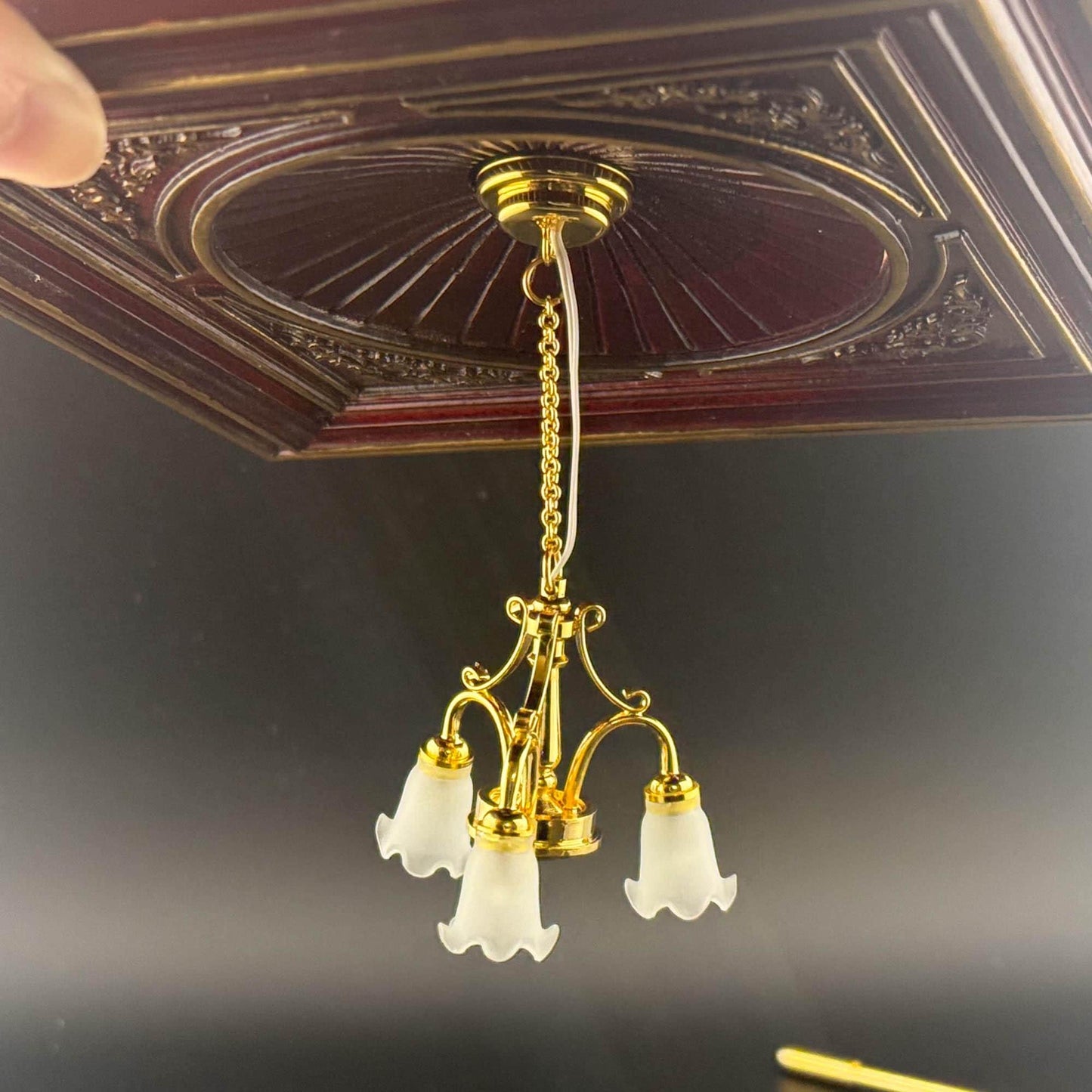 Miniature brass lamp Touchless operation with wand Frosted tulips 3-arms chandelier LED  light 1:12 scale for dollhouse No-touch No-Switch