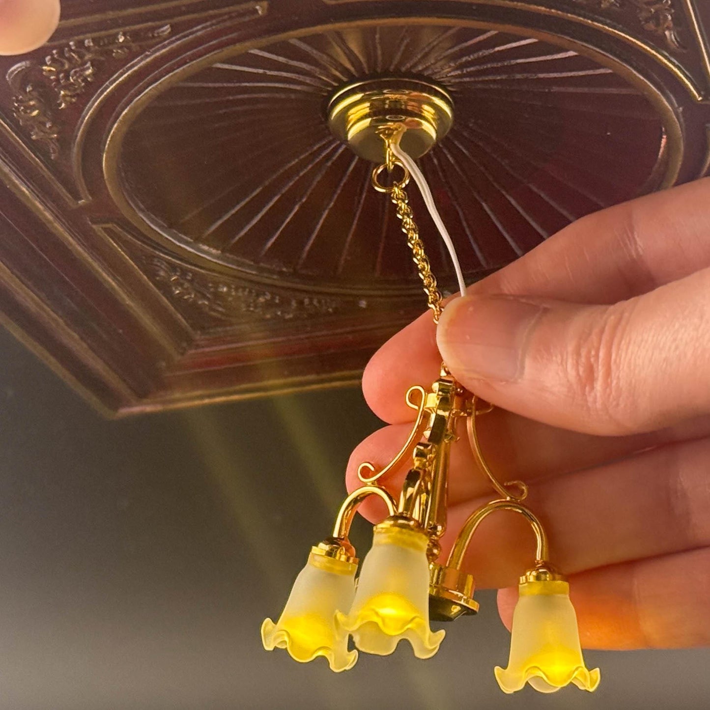 Miniature brass lamp Touchless operation with wand Frosted tulips 3-arms chandelier LED  light 1:12 scale for dollhouse No-touch No-Switch