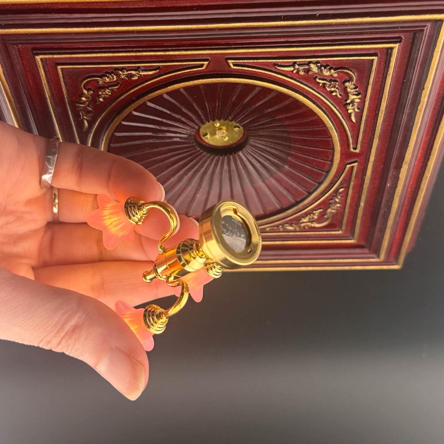 Miniature brass lamp Touchless operation with wand pink down tulips 3-arms chandelier LED  light 1:12 scale for dollhouse No-touch No-Switch