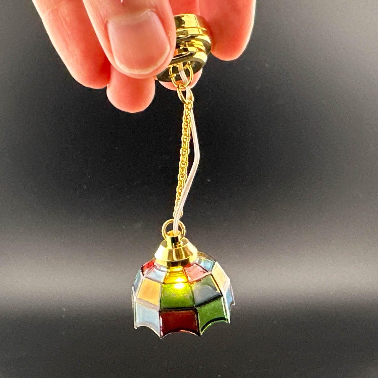 Miniature brass ceiling lamp Touchless operation with wand Tiffany colored shade LED  light 1:12 scale for dollhouse No-touch No-Switch