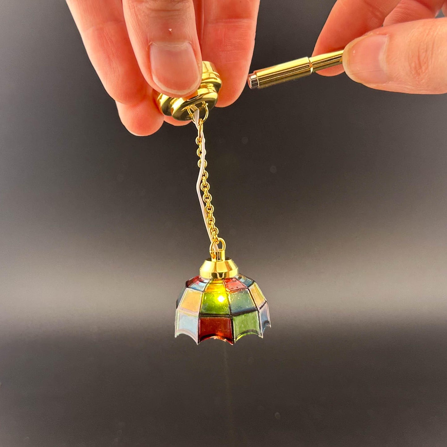 Miniature brass ceiling lamp Touchless operation with wand Tiffany colored shade LED  light 1:12 scale for dollhouse No-touch No-Switch