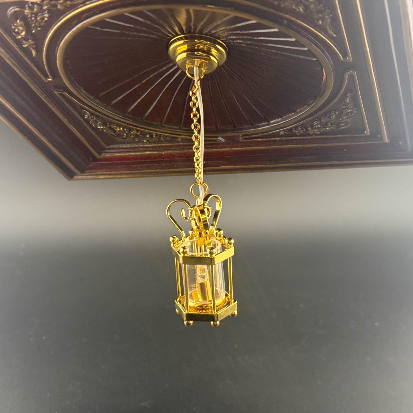 Miniature brass ceiling lamp Touchless operation with wand Hexagon carriage metal LED  light 1:12 scale for dollhouse No-touch No-Switch