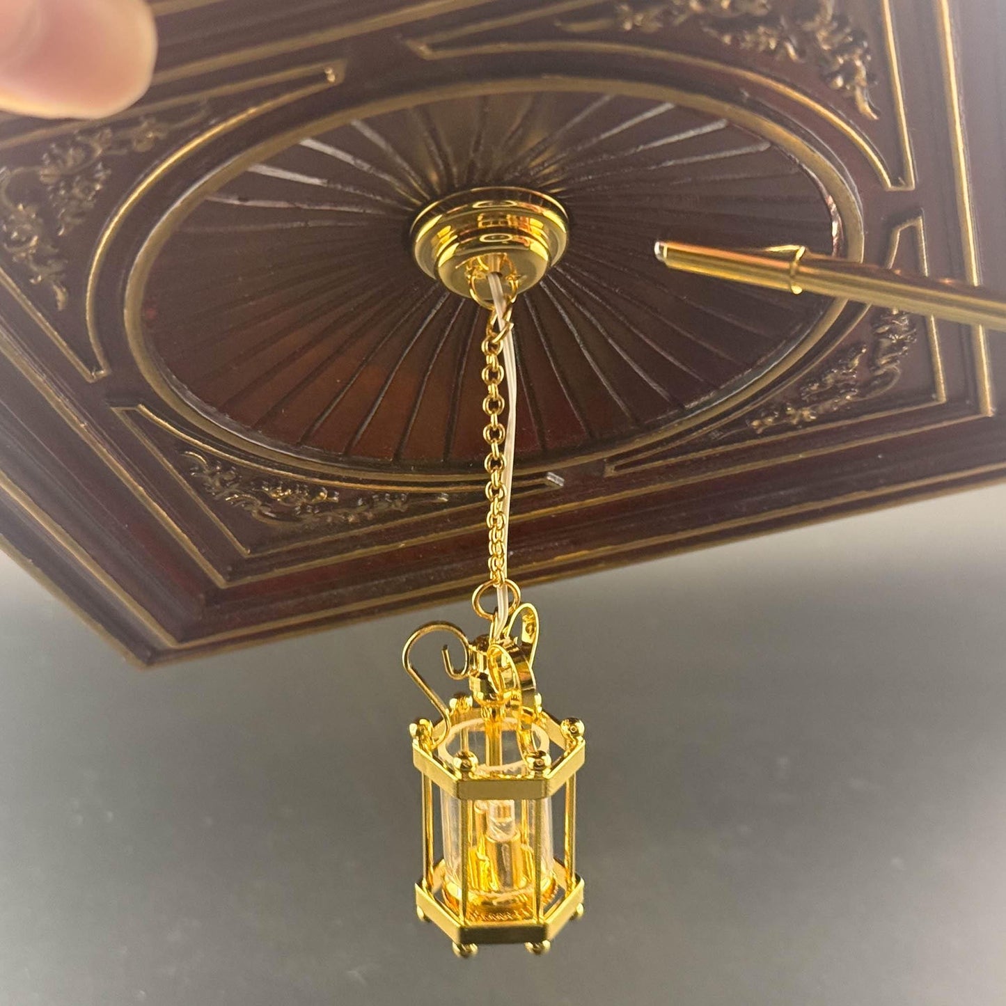 Miniature brass ceiling lamp Touchless operation with wand Hexagon carriage metal LED  light 1:12 scale for dollhouse No-touch No-Switch