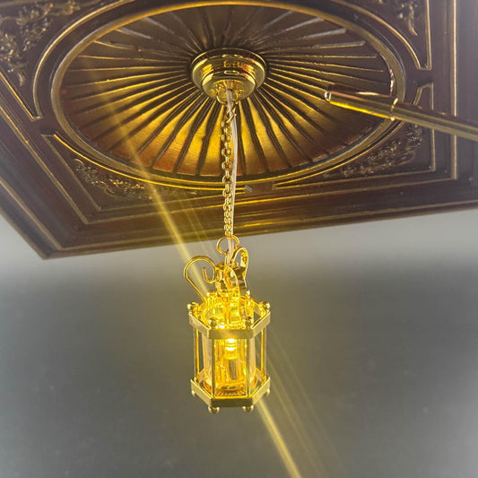 Miniature brass ceiling lamp Touchless operation with wand Hexagon carriage metal LED  light 1:12 scale for dollhouse No-touch No-Switch