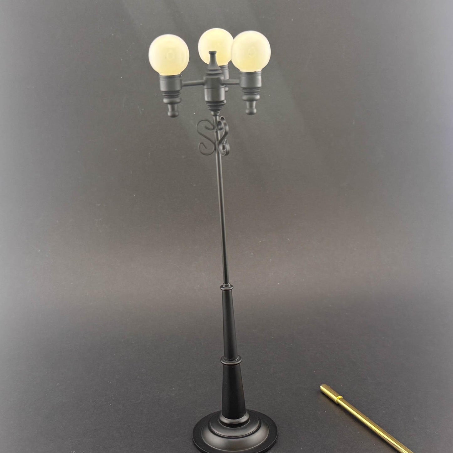 Miniature 8"H  triple globes street LED LAMP Dollhouse light sensor Touchless operation 1:12 matt black with magic magnetic wand- no switch