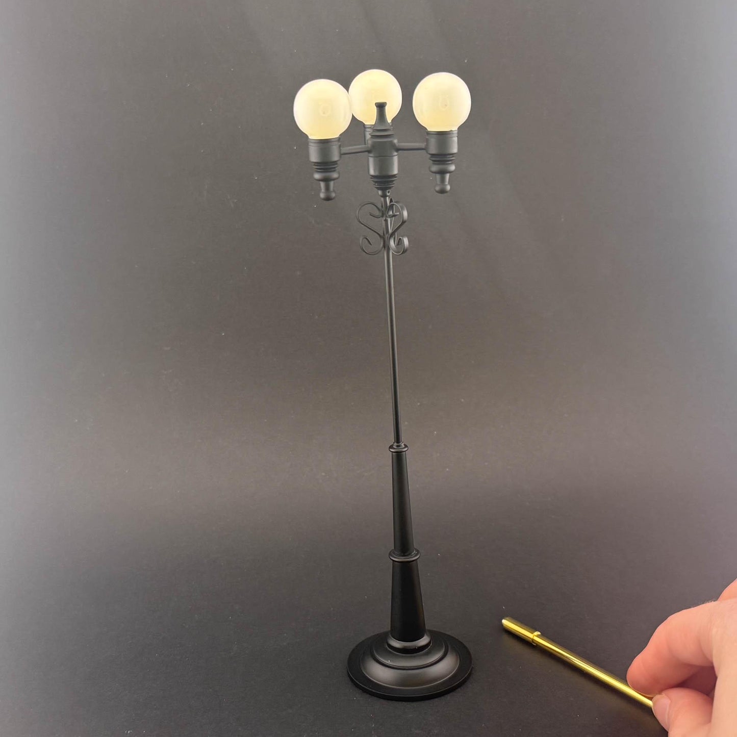 Miniature 8"H  triple globes street LED LAMP Dollhouse light sensor Touchless operation 1:12 matt black with magic magnetic wand- no switch