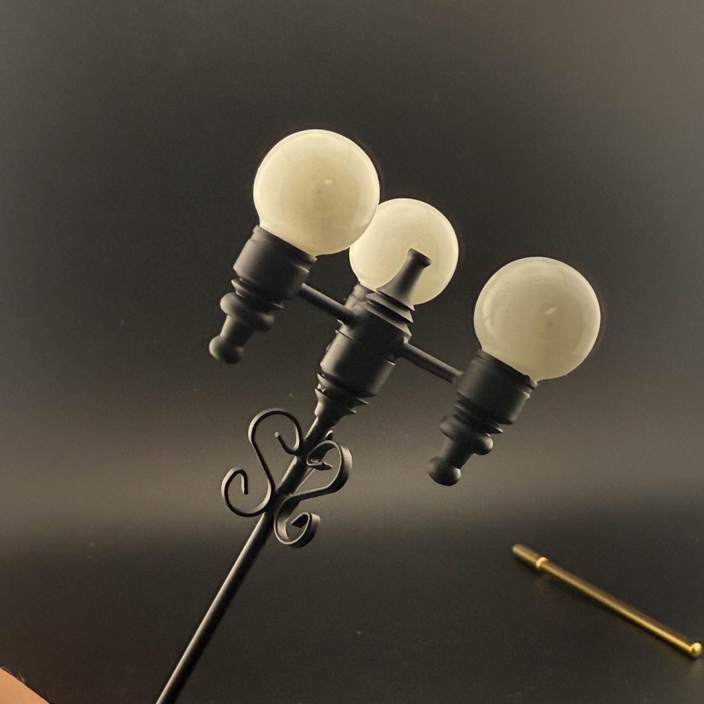 Miniature 8"H  triple globes street LED LAMP Dollhouse light sensor Touchless operation 1:12 matt black with magic magnetic wand- no switch