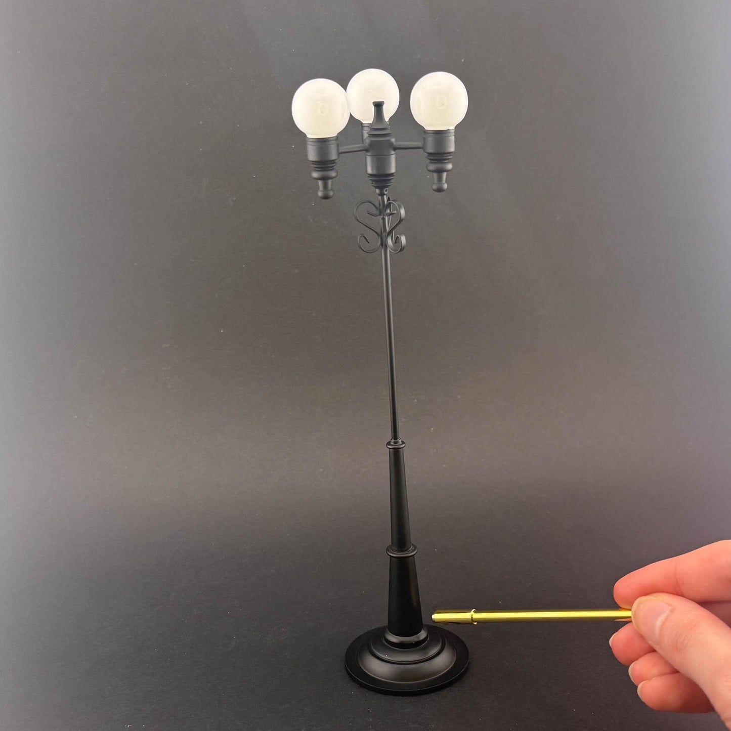 Miniature 8"H  triple globes street LED LAMP Dollhouse light sensor Touchless operation 1:12 matt black with magic magnetic wand- no switch