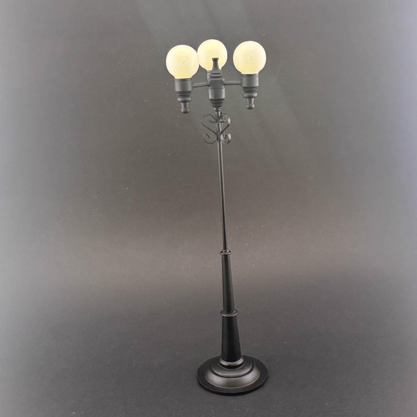 Miniature 8"H  triple globes street LED LAMP Dollhouse light sensor Touchless operation 1:12 matt black with magic magnetic wand- no switch