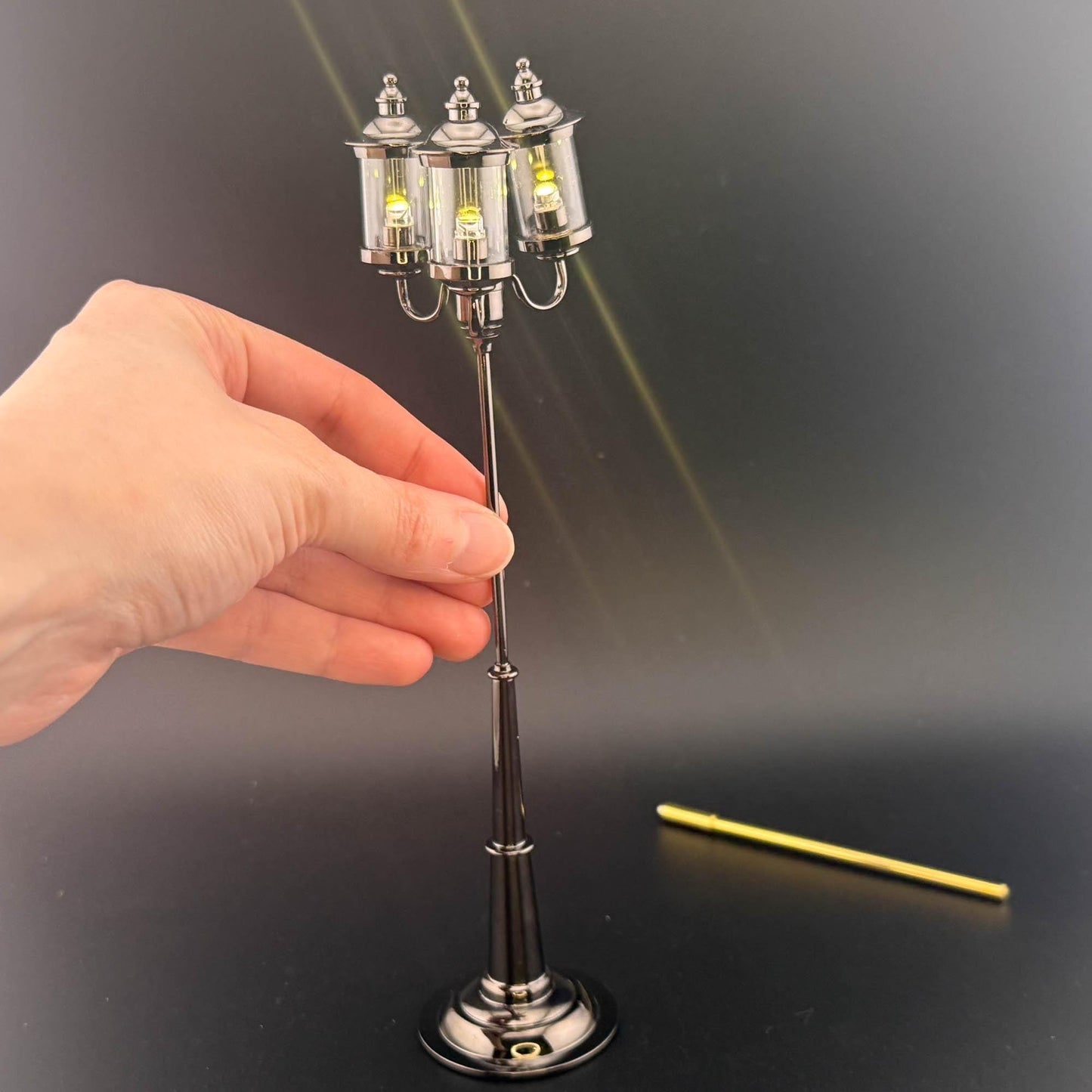 1:12 Scale Miniature Triple 3-Arm birdcage Lamp – 8” H, Gunmetal Black, Touchless Sensor with Wand, garden street light dollhouse