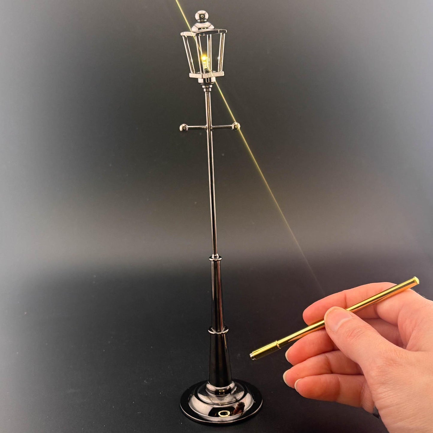 1:12 Scale Miniature Carriage Lamp – 8” H, Gunmetal Black, Touchless Sensor with Wand, Garden Street Light Dollhouse
