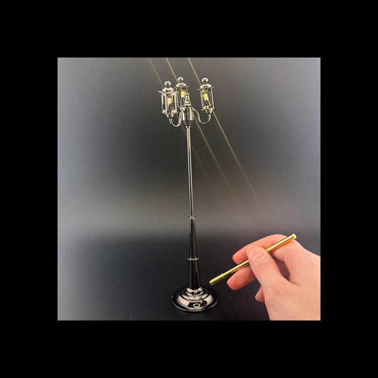 1:12 Scale Miniature Triple 3-Arm Carriage Lamp – 8” H, Gunmetal Black, Touchless Sensor with Wand, garden street light dollhouse