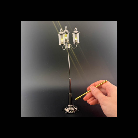 1:12 Scale Miniature Triple 3-Arm birdcage Lamp – 8” H, Gunmetal Black, Touchless Sensor with Wand, garden street light dollhouse