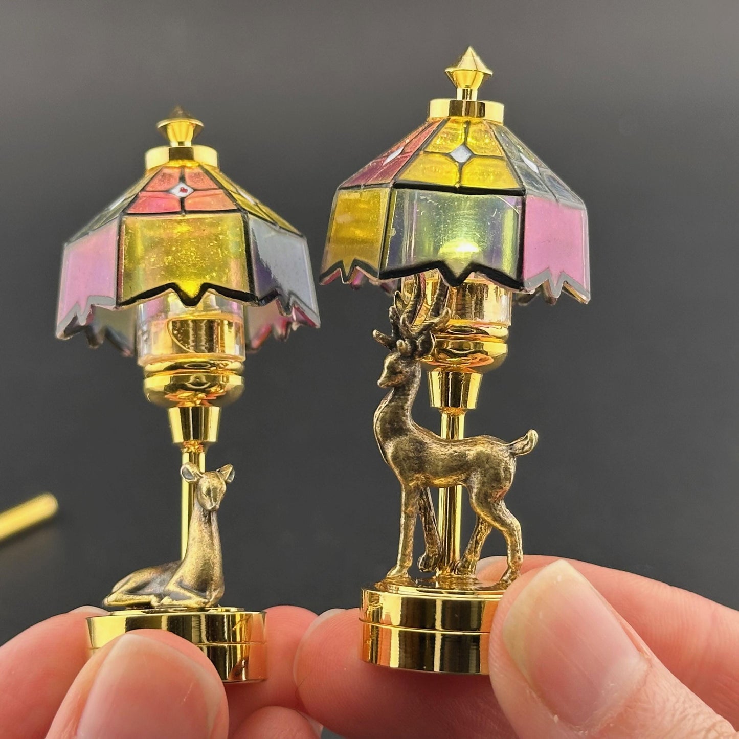 Romantic His and Hers miniature Pair of Dollhouse Lamps Touchless operation with Wand bedroom LED 1:12 Tiffany light Stag, Doe Tiffany deer