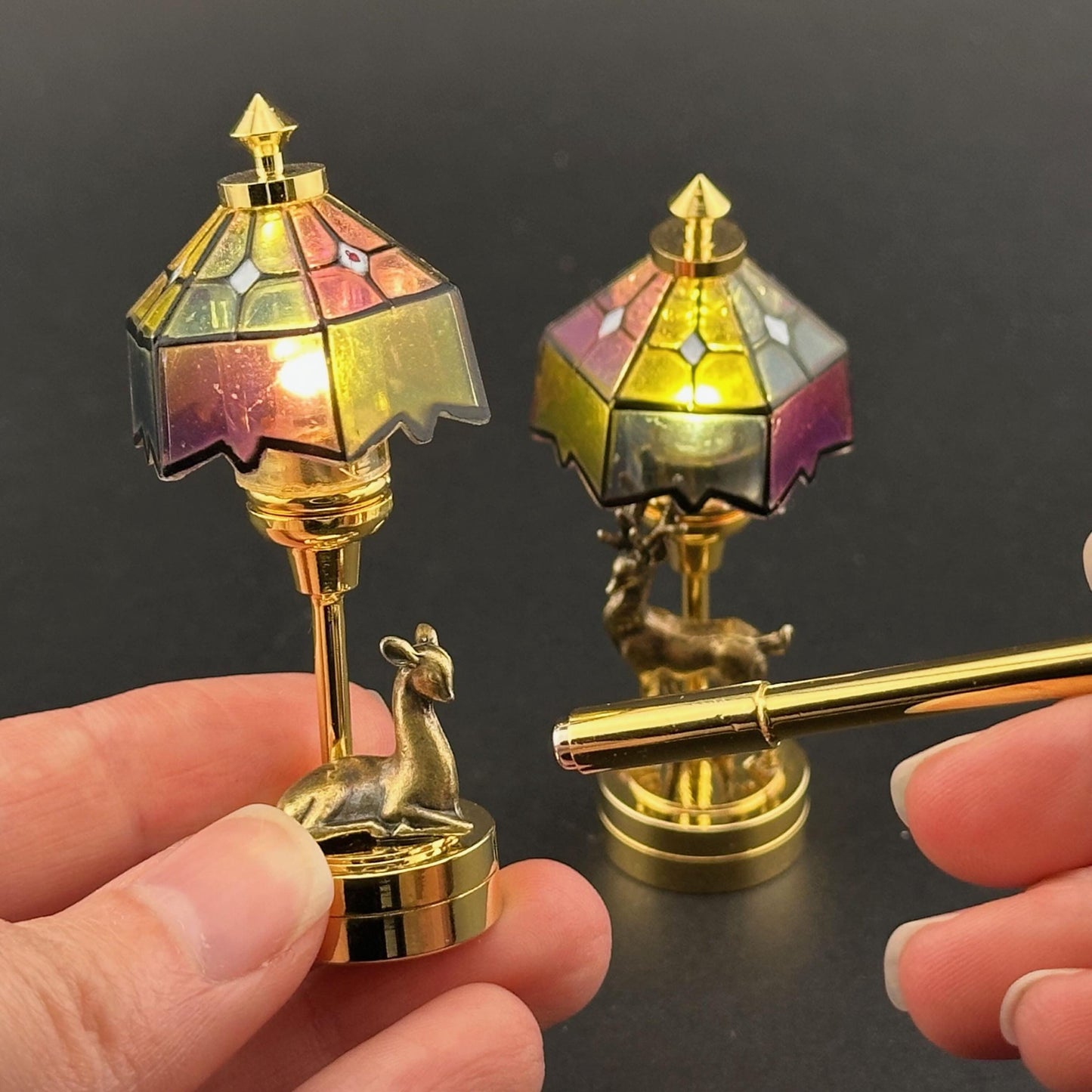 Romantic His and Hers miniature Pair of Dollhouse Lamps Touchless operation with Wand bedroom LED 1:12 Tiffany light Stag, Doe Tiffany deer
