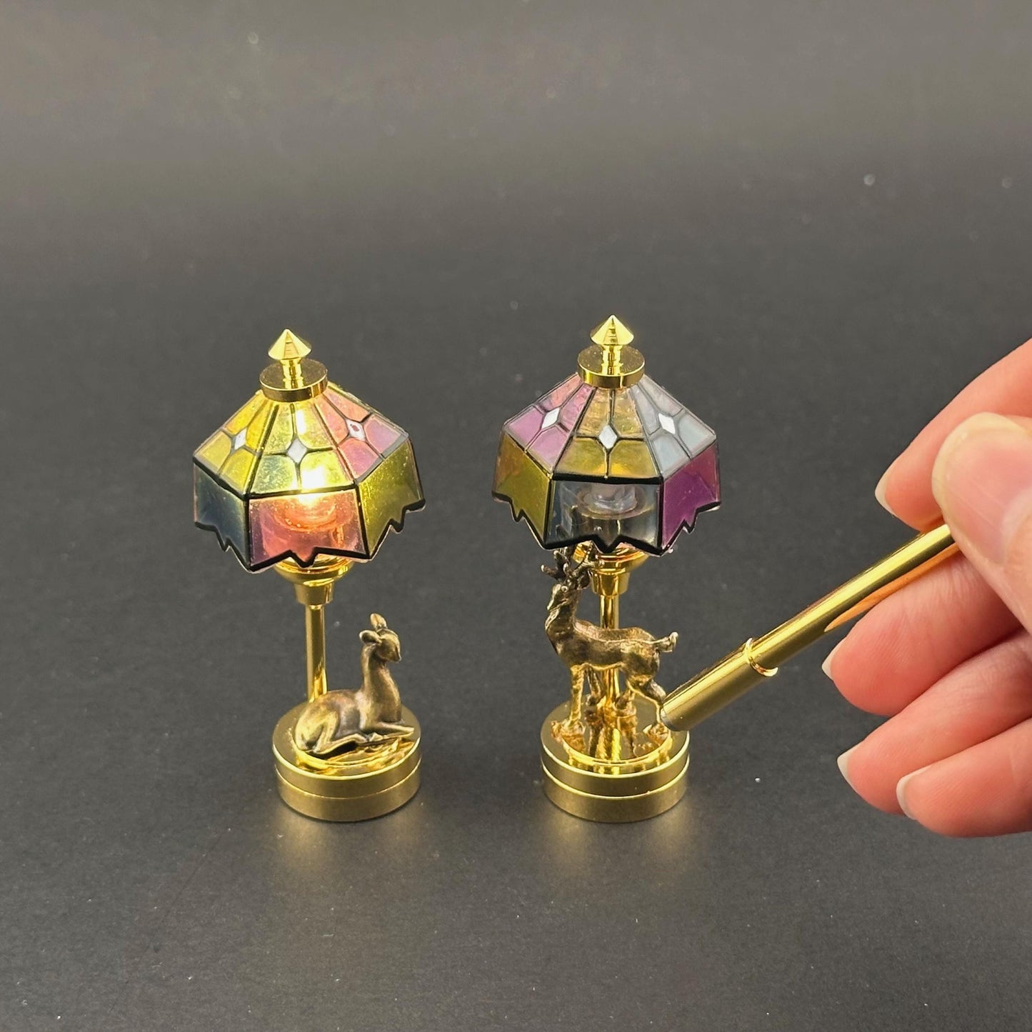 Romantic His and Hers miniature Pair of Dollhouse Lamps Touchless operation with Wand bedroom LED 1:12 Tiffany light Stag, Doe Tiffany deer