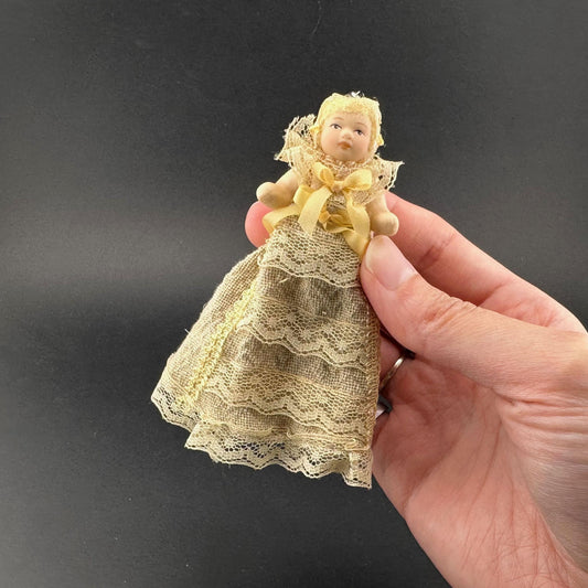 Miniature Baby Doll in beige Christening Gown – 1:12 Scale Porcelain Baptism Baby Movable Limbs
