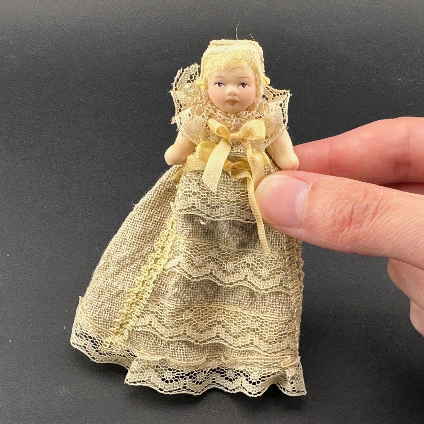Miniature Baby Doll in beige Christening Gown – 1:12 Scale Porcelain Baptism Baby Movable Limbs