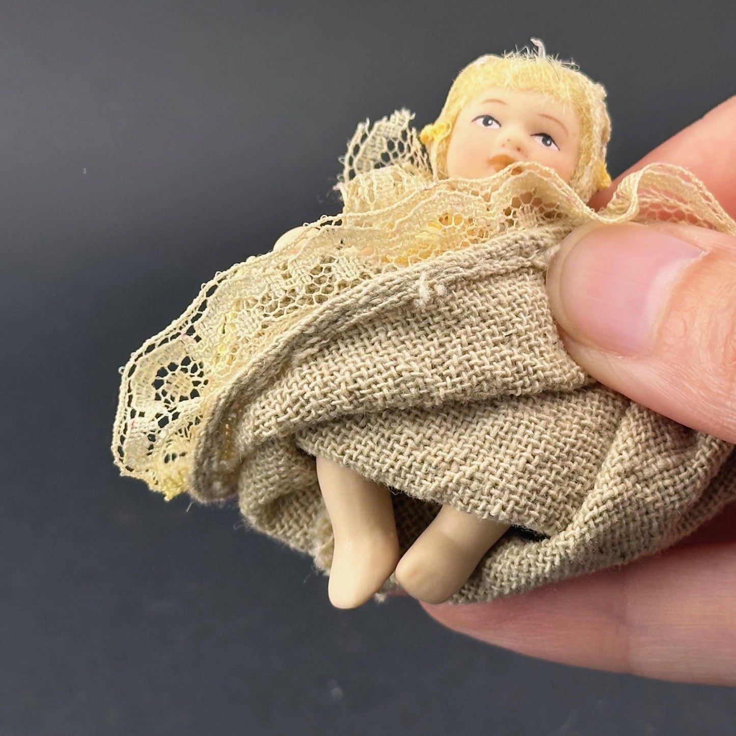 Miniature Baby Doll in beige Christening Gown – 1:12 Scale Porcelain Baptism Baby Movable Limbs