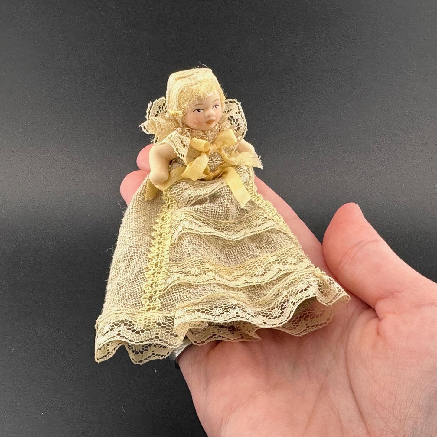 Miniature Baby Doll in beige Christening Gown – 1:12 Scale Porcelain Baptism Baby Movable Limbs