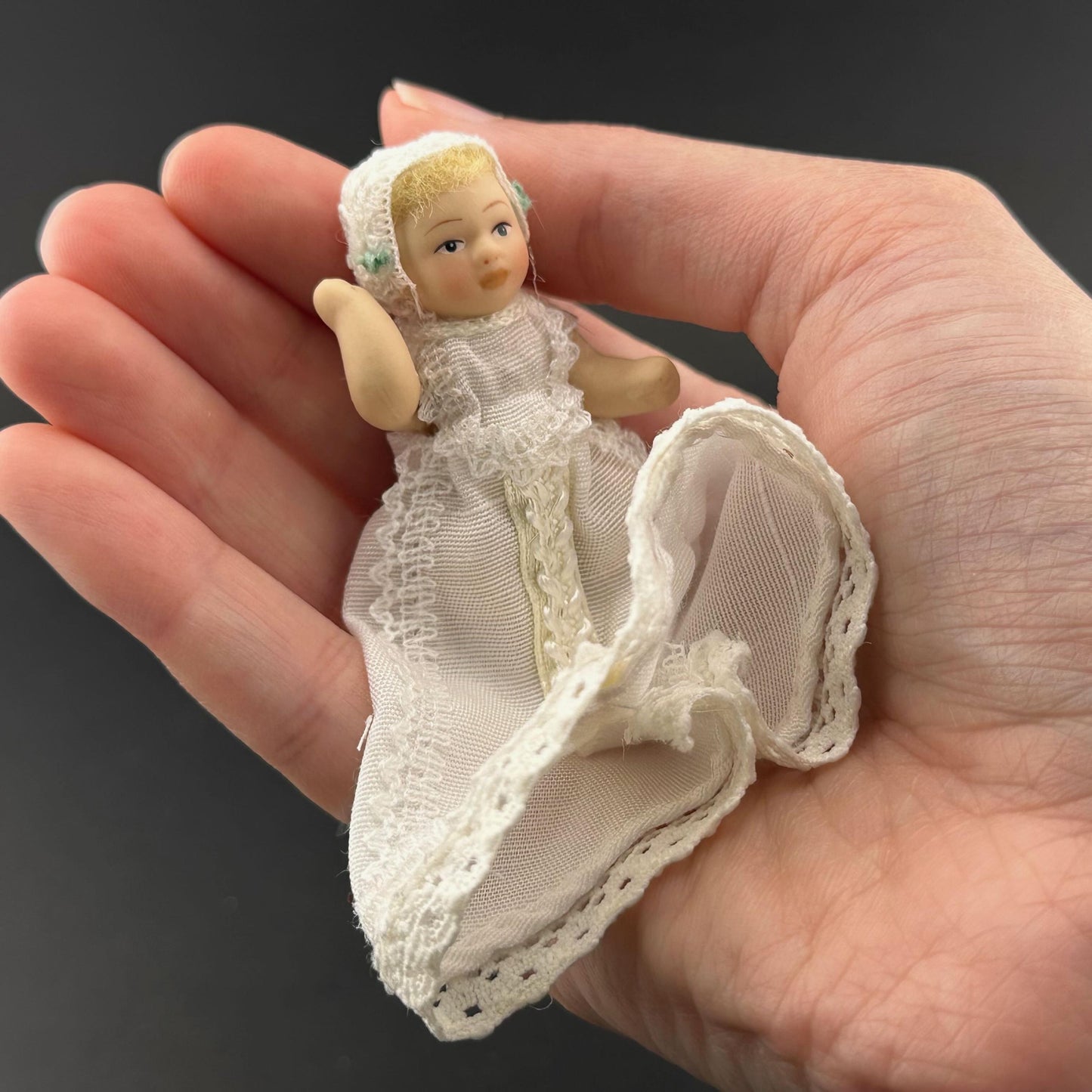 Miniature Baby Doll in white Christening Gown – 1:12 Scale Porcelain Baptism Baby Movable Limbs