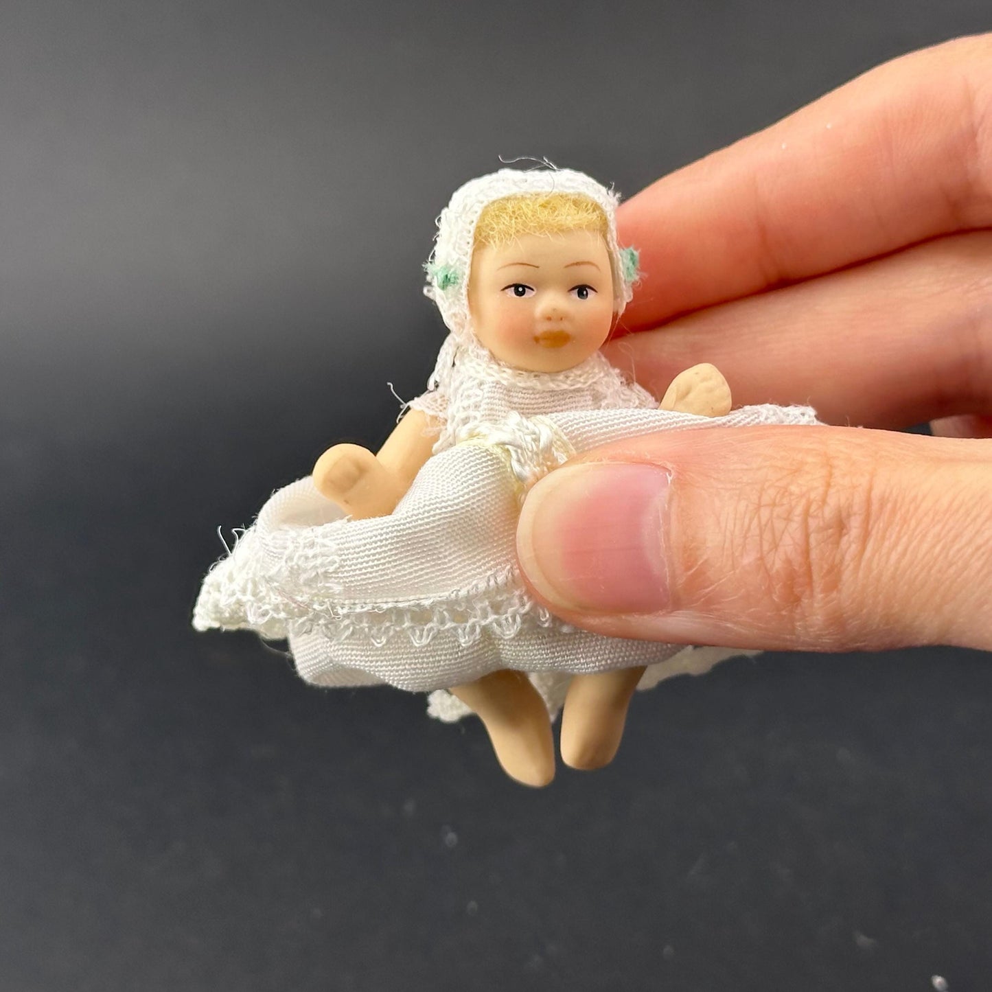 Miniature Baby Doll in white Christening Gown – 1:12 Scale Porcelain Baptism Baby Movable Limbs