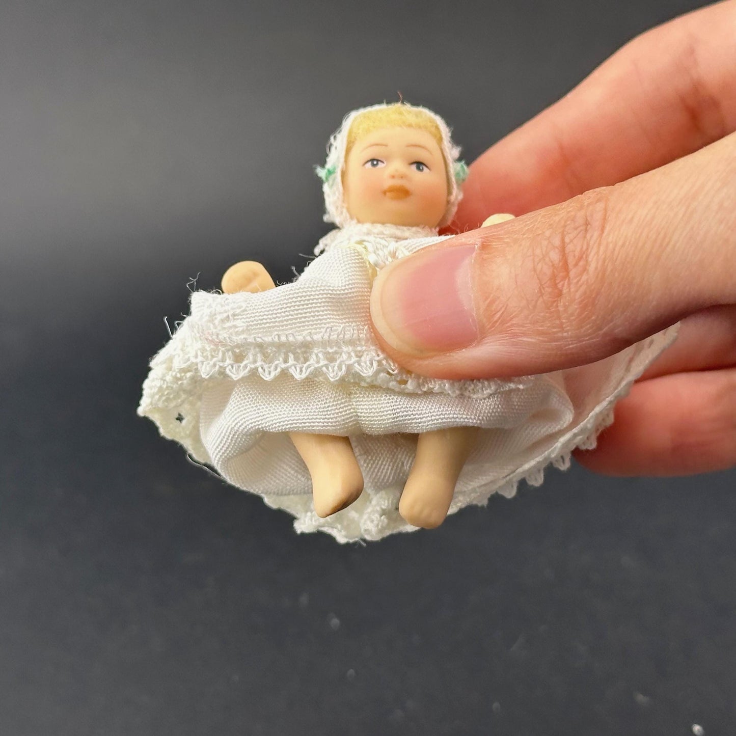 Miniature Baby Doll in white Christening Gown – 1:12 Scale Porcelain Baptism Baby Movable Limbs