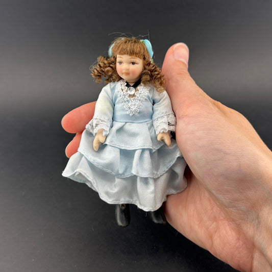 1:12 Scale Porcelain Doll – Victorian Girl in Blue Dress 4” Miniature Dollhouse Doll