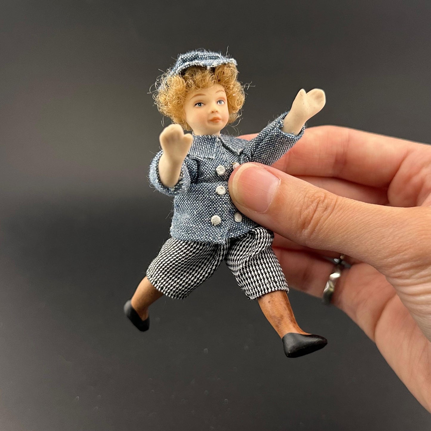 1:12 Scale Porcelain Boy Doll – Handmade Dollhouse Miniature Figurine in Denim Shirt