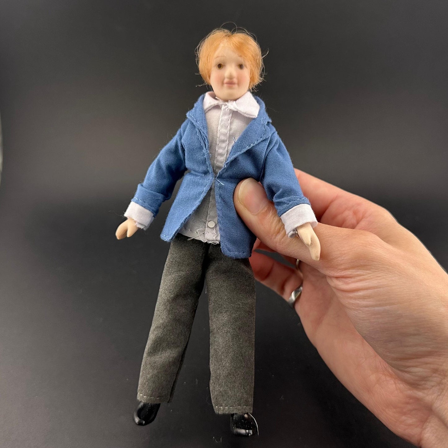 6-Inch  1:12 Scale Male Doll with Movable Limbs & Rotating Head – Non-Removable Clothes, Blue Shirt and gray Pants