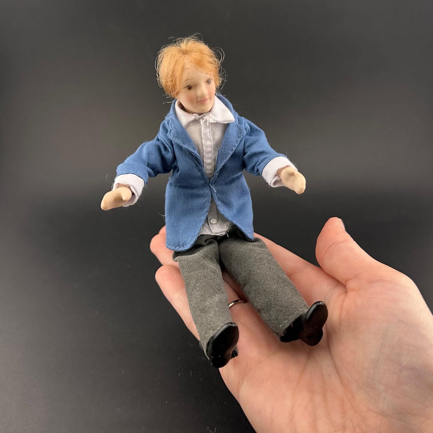 6-Inch  1:12 Scale Male Doll with Movable Limbs & Rotating Head – Non-Removable Clothes, Blue Shirt and gray Pants