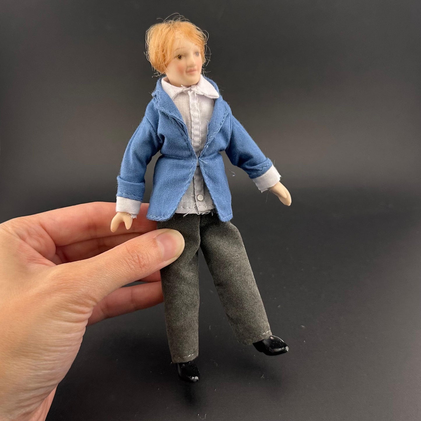 6-Inch  1:12 Scale Male Doll with Movable Limbs & Rotating Head – Non-Removable Clothes, Blue Shirt and gray Pants