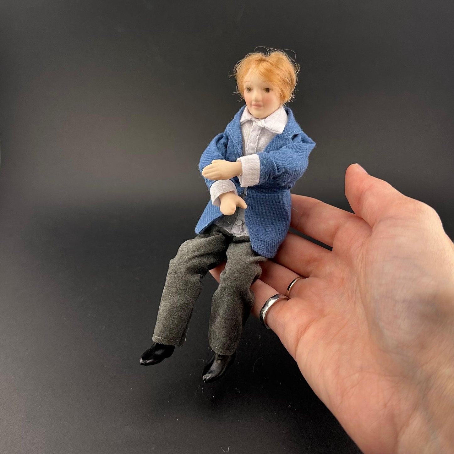 6-Inch  1:12 Scale Male Doll with Movable Limbs & Rotating Head – Non-Removable Clothes, Blue Shirt and gray Pants