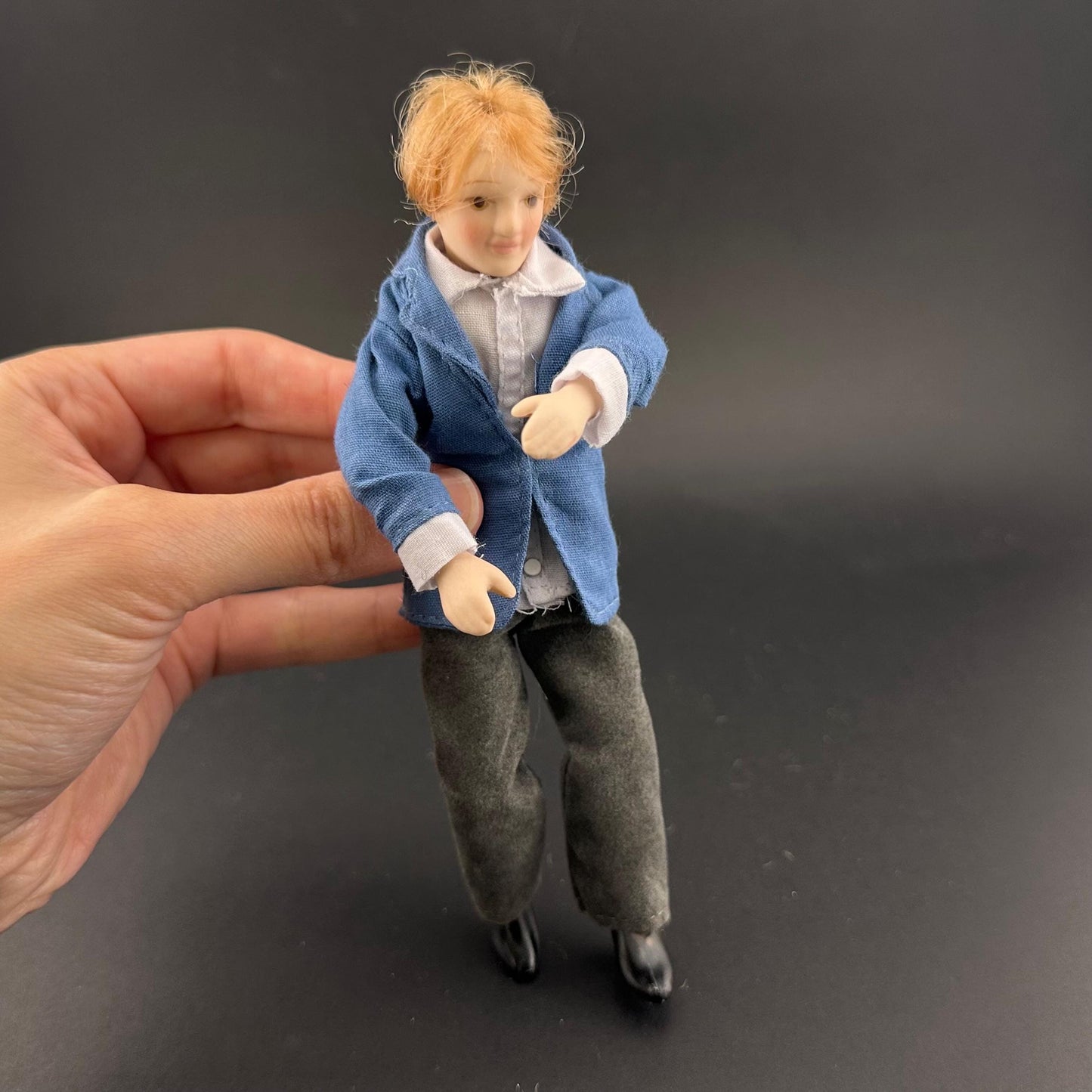 6-Inch  1:12 Scale Male Doll with Movable Limbs & Rotating Head – Non-Removable Clothes, Blue Shirt and gray Pants