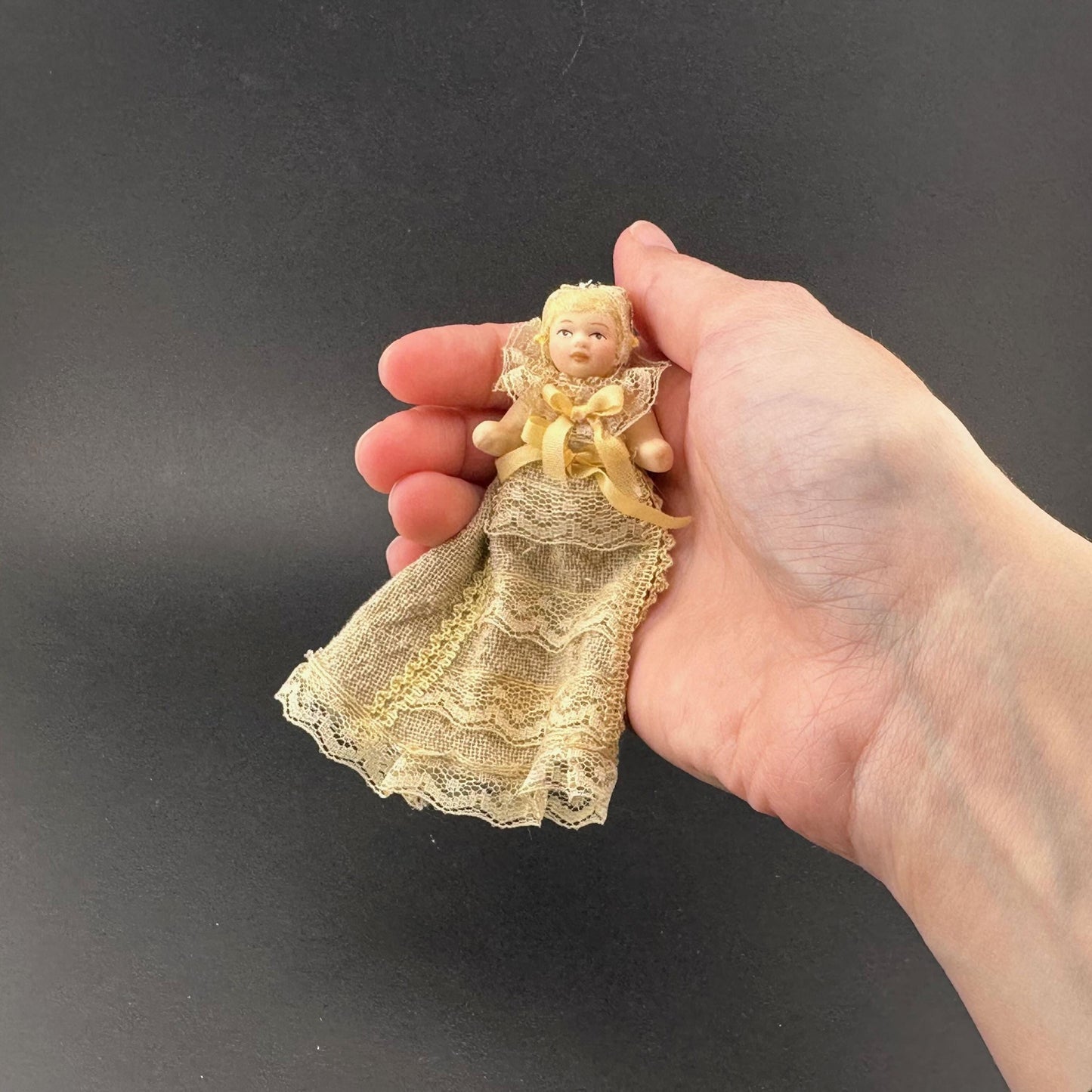 Miniature Baby Doll in beige Christening Gown – 1:12 Scale Porcelain Baptism Baby Movable Limbs