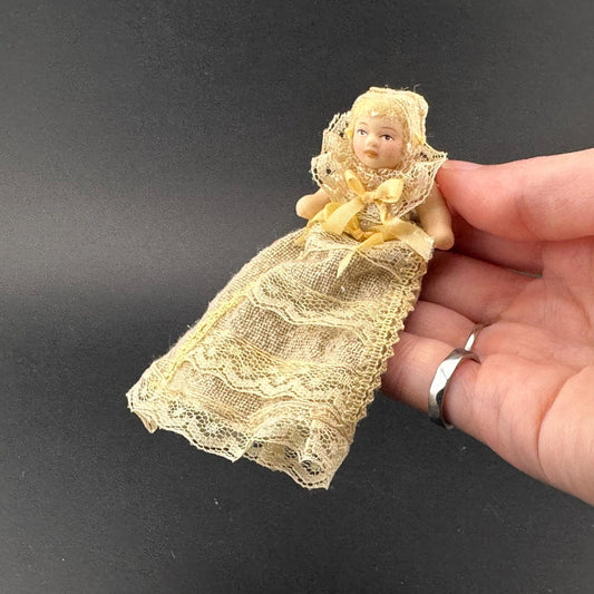 Miniature Baby Doll in beige Christening Gown – 1:12 Scale Porcelain Baptism Baby Movable Limbs