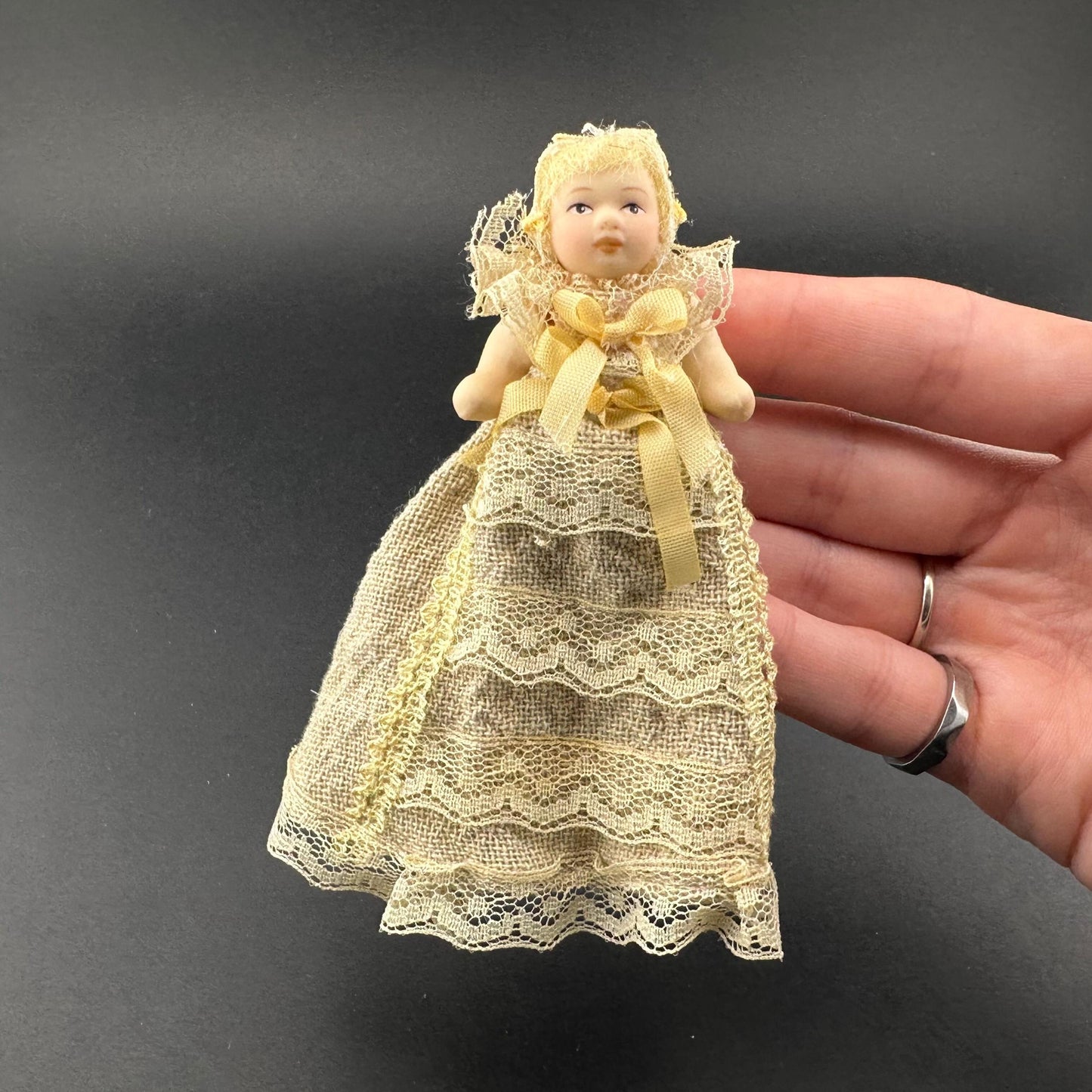 Miniature Baby Doll in beige Christening Gown – 1:12 Scale Porcelain Baptism Baby Movable Limbs