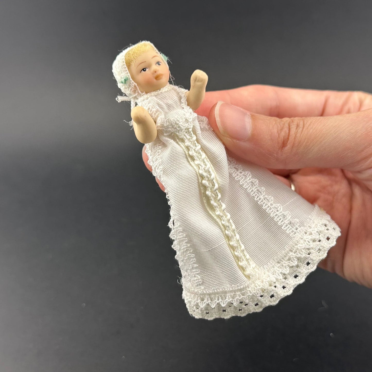 Miniature Baby Doll in white Christening Gown – 1:12 Scale Porcelain Baptism Baby Movable Limbs
