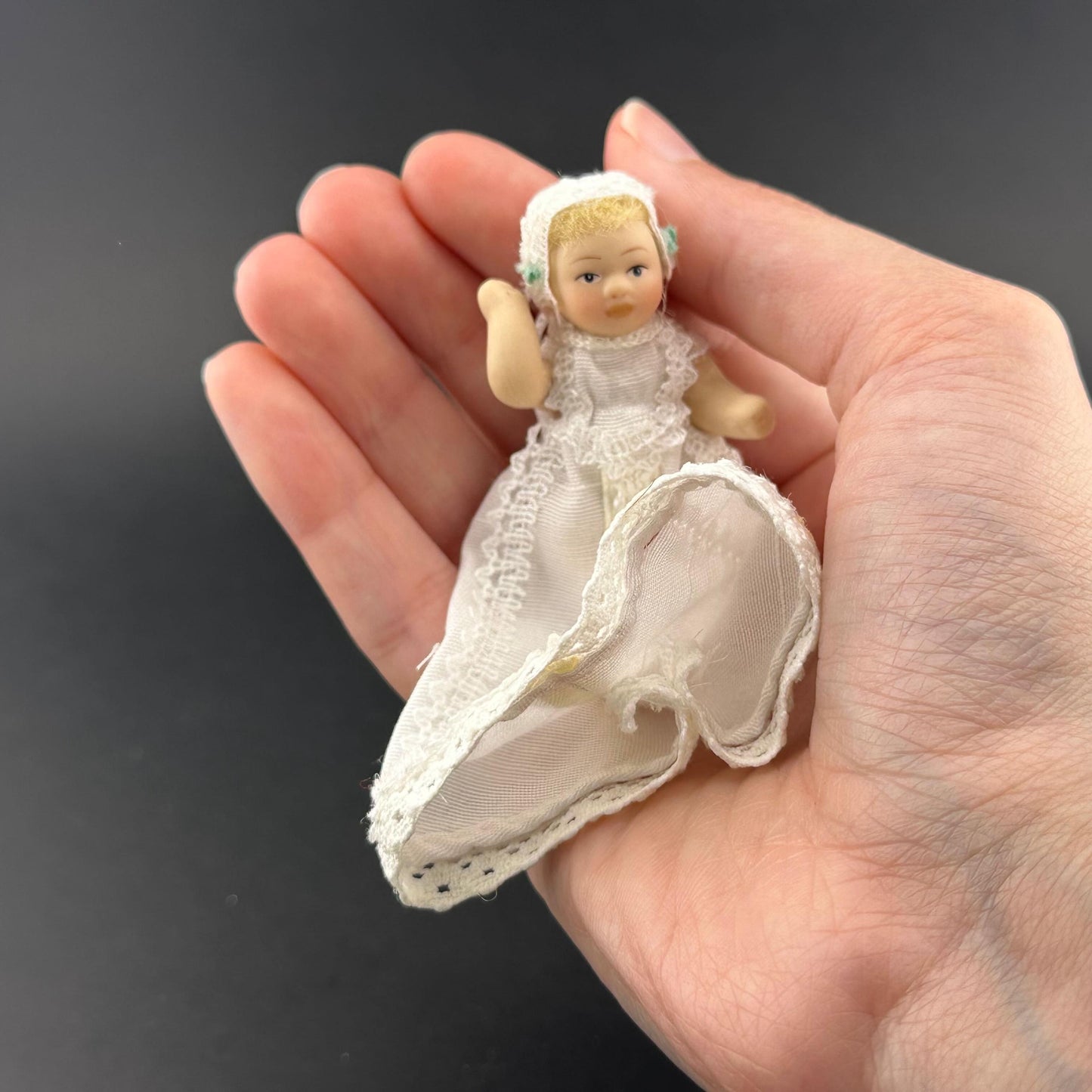 Miniature Baby Doll in white Christening Gown – 1:12 Scale Porcelain Baptism Baby Movable Limbs